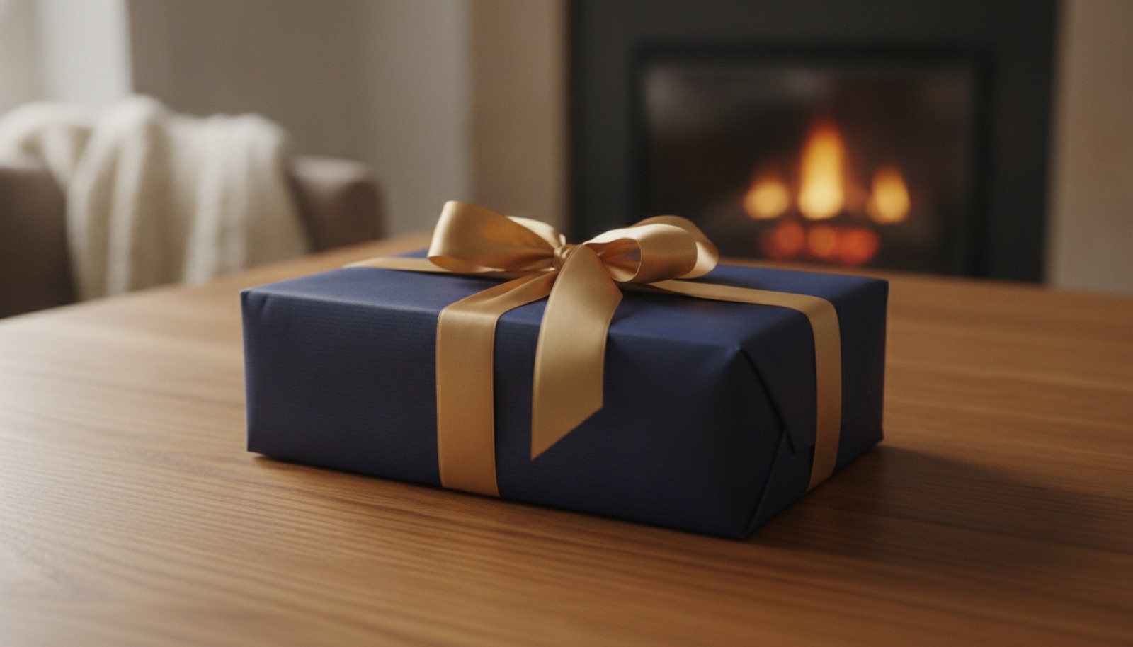Edel verpacktes Geschenk mit Messing-Schleife auf einem Holztisch